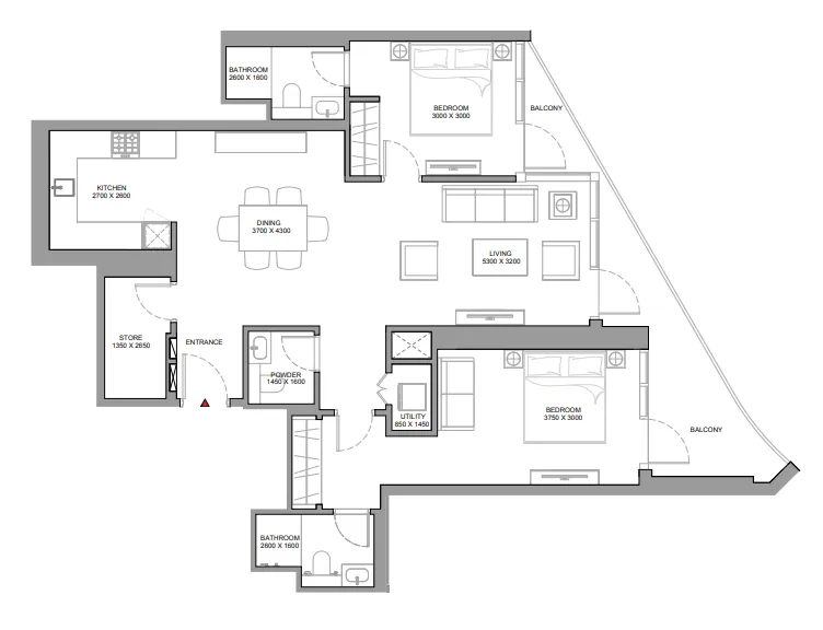 Skyvue Spectra 2 bed floor plan, 1,290 sqft