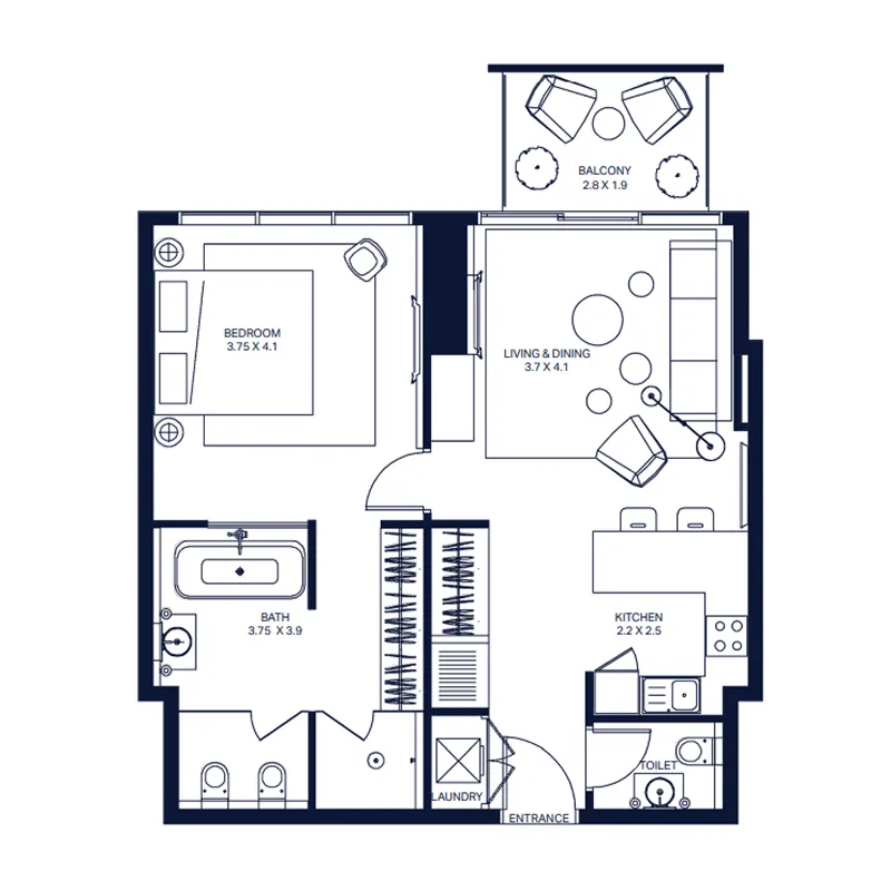 The Atria 1 bed floor plan, 800 sqft