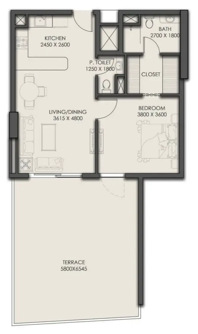 Park Residency 1 bed floor plan, 1,044 sqft