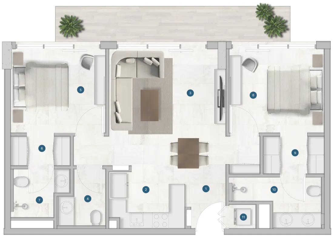 Sola Residences 2 bed floor plan, 956 – 979 sqft