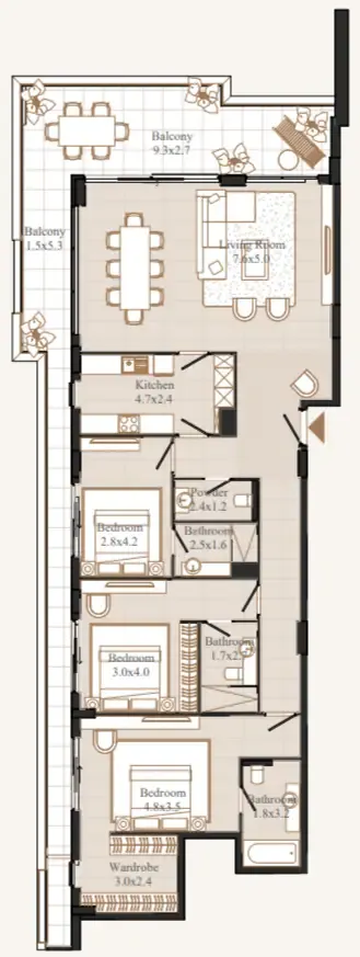 Flamingo LUX 3 bed floor plan, 2,163 sqft