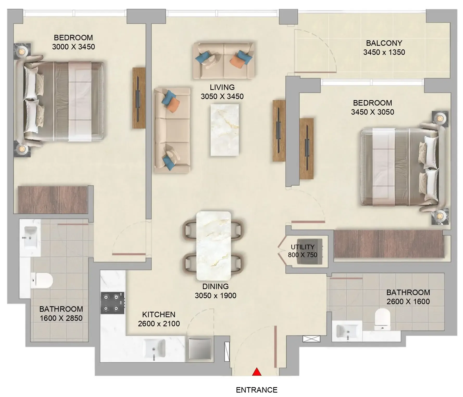 The Woods Abode at Sobha Sanctuary 2 bed floor plan, 863 – 864 sqft