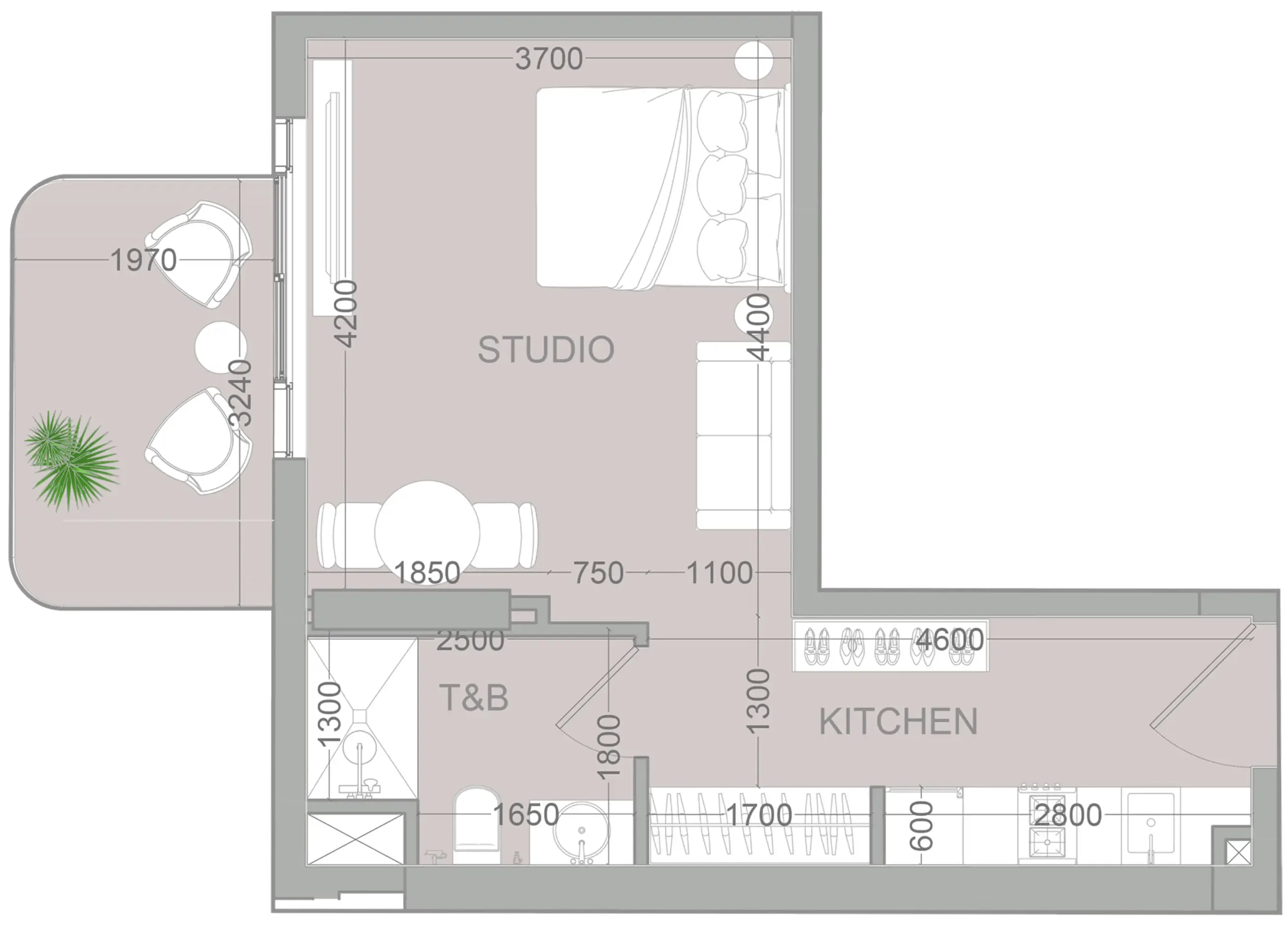 TETR1S Tower Studio floor plan, 454 sqft