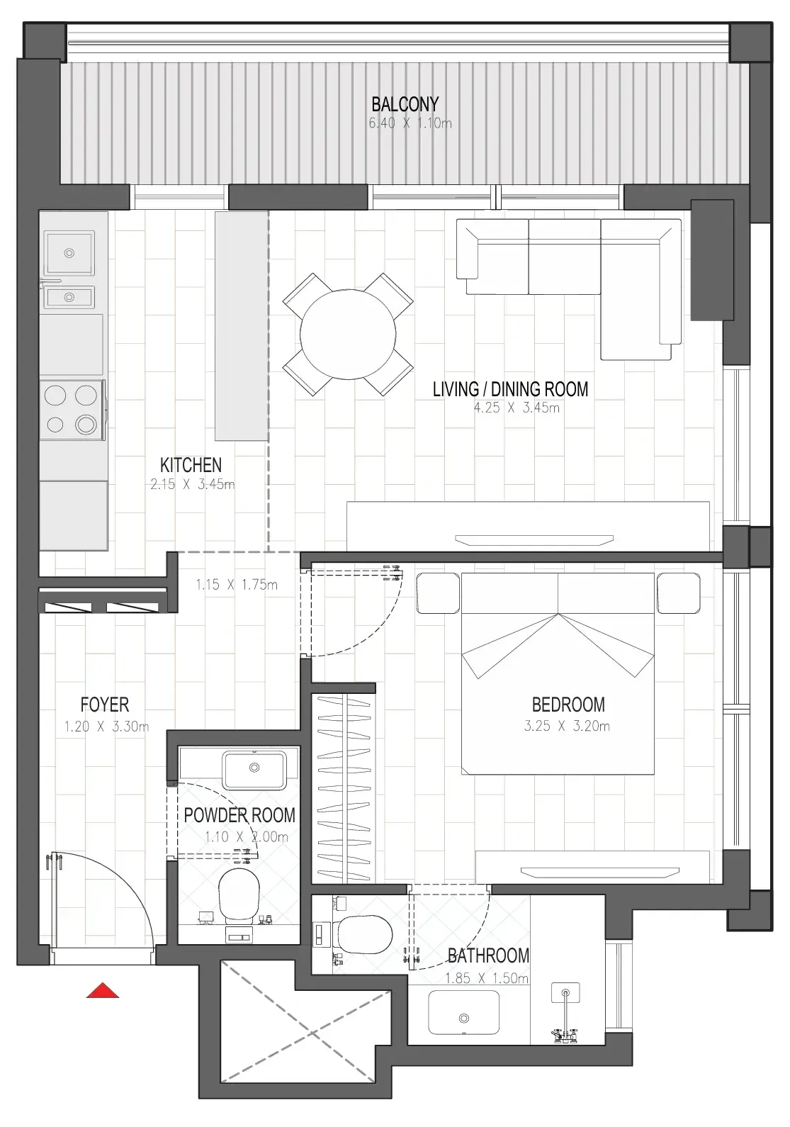 Olfah 1 bed floor plan, 651 – 668 sqft