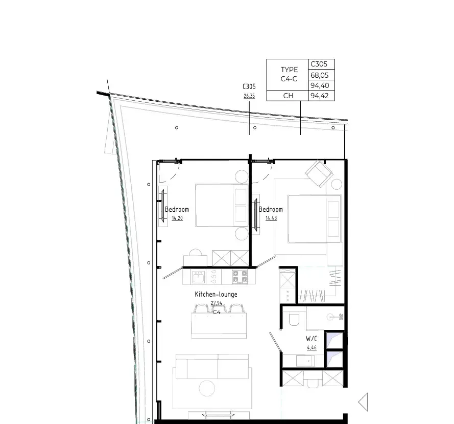 Bamboo Forest 2 bed floor plan, 840 – 1,152 sqft