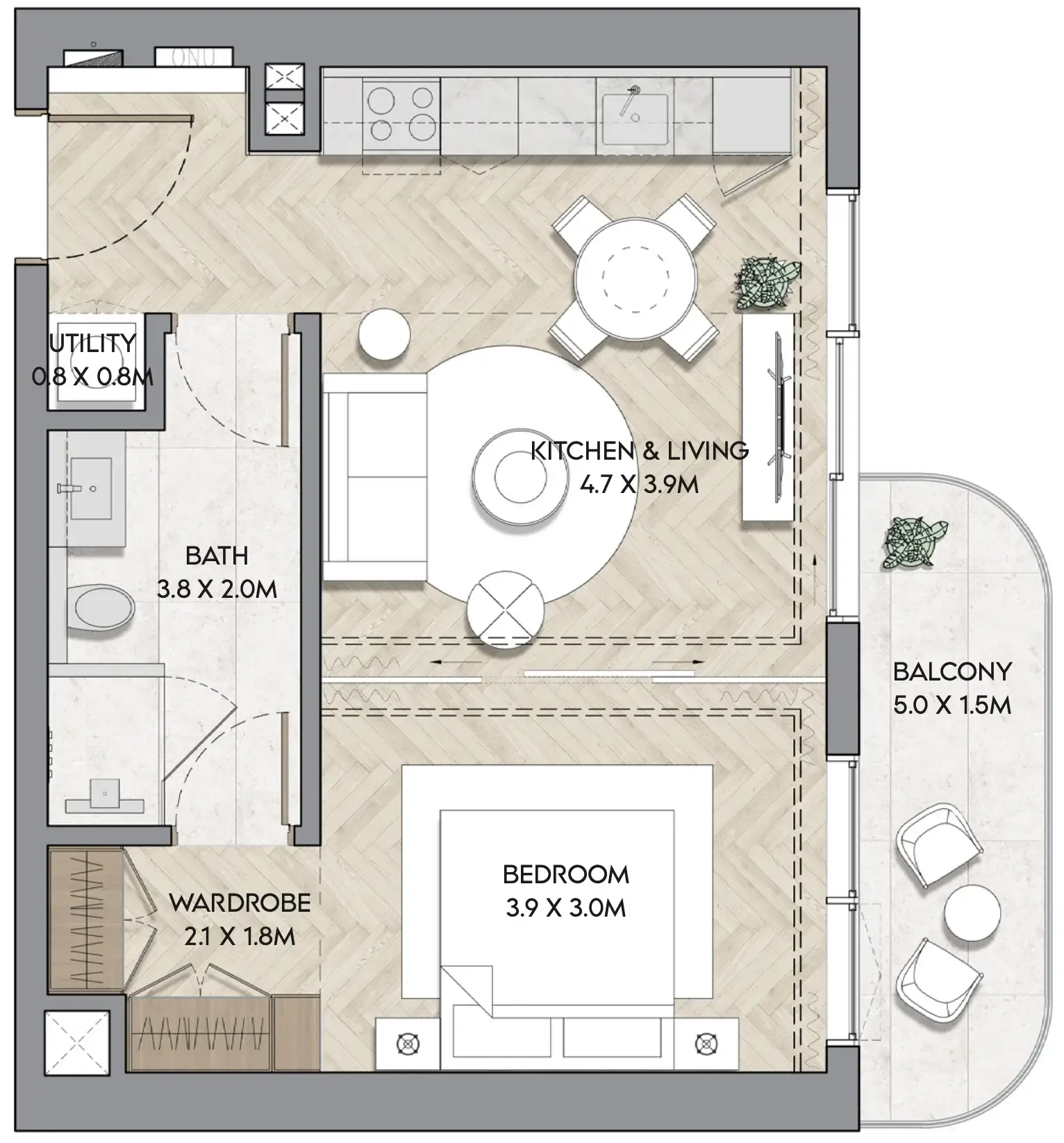 Nura 1 bed floor plan, 614 sqft