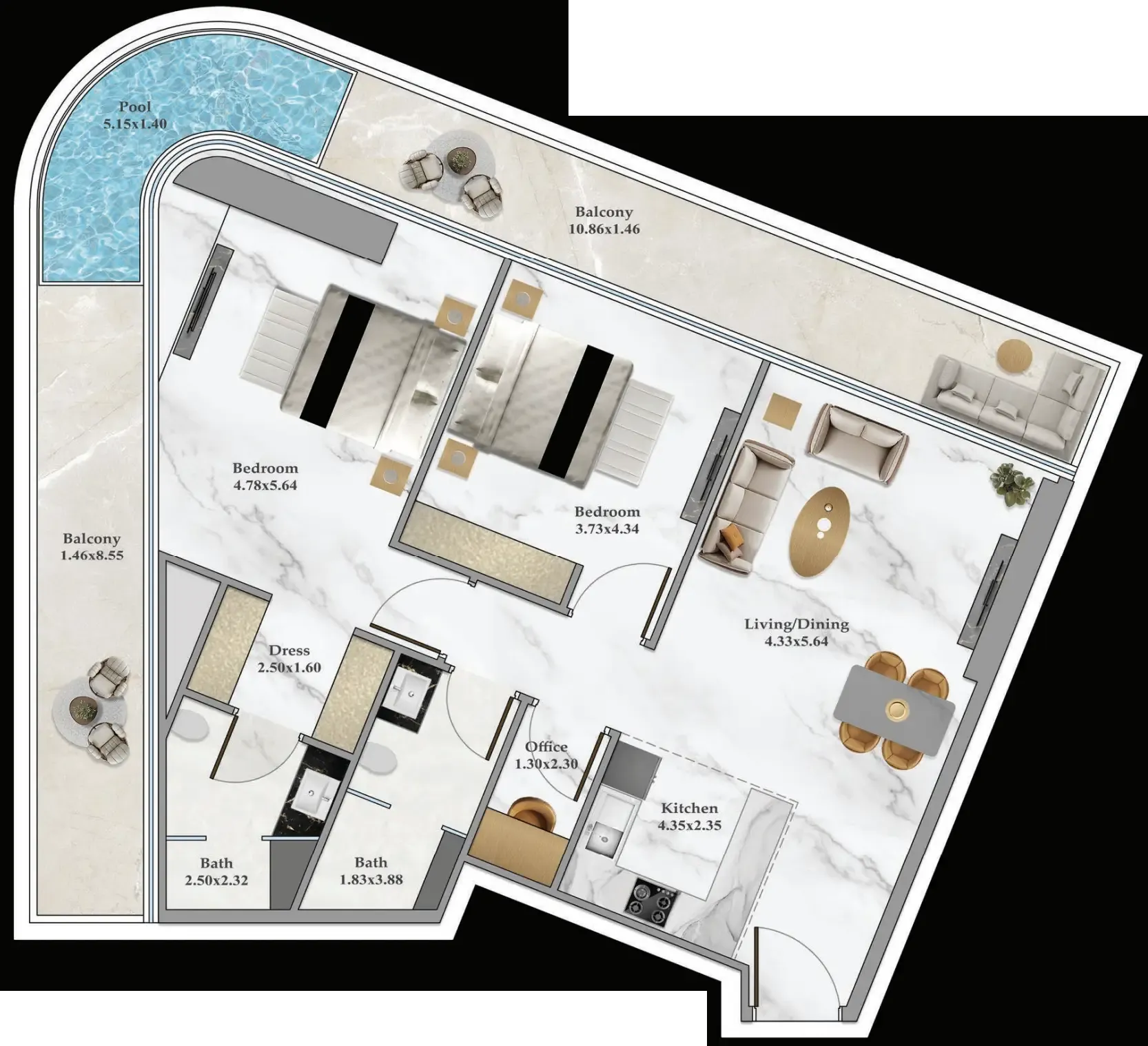 Bayz 102 2 bed floor plan, 1,464 sqft