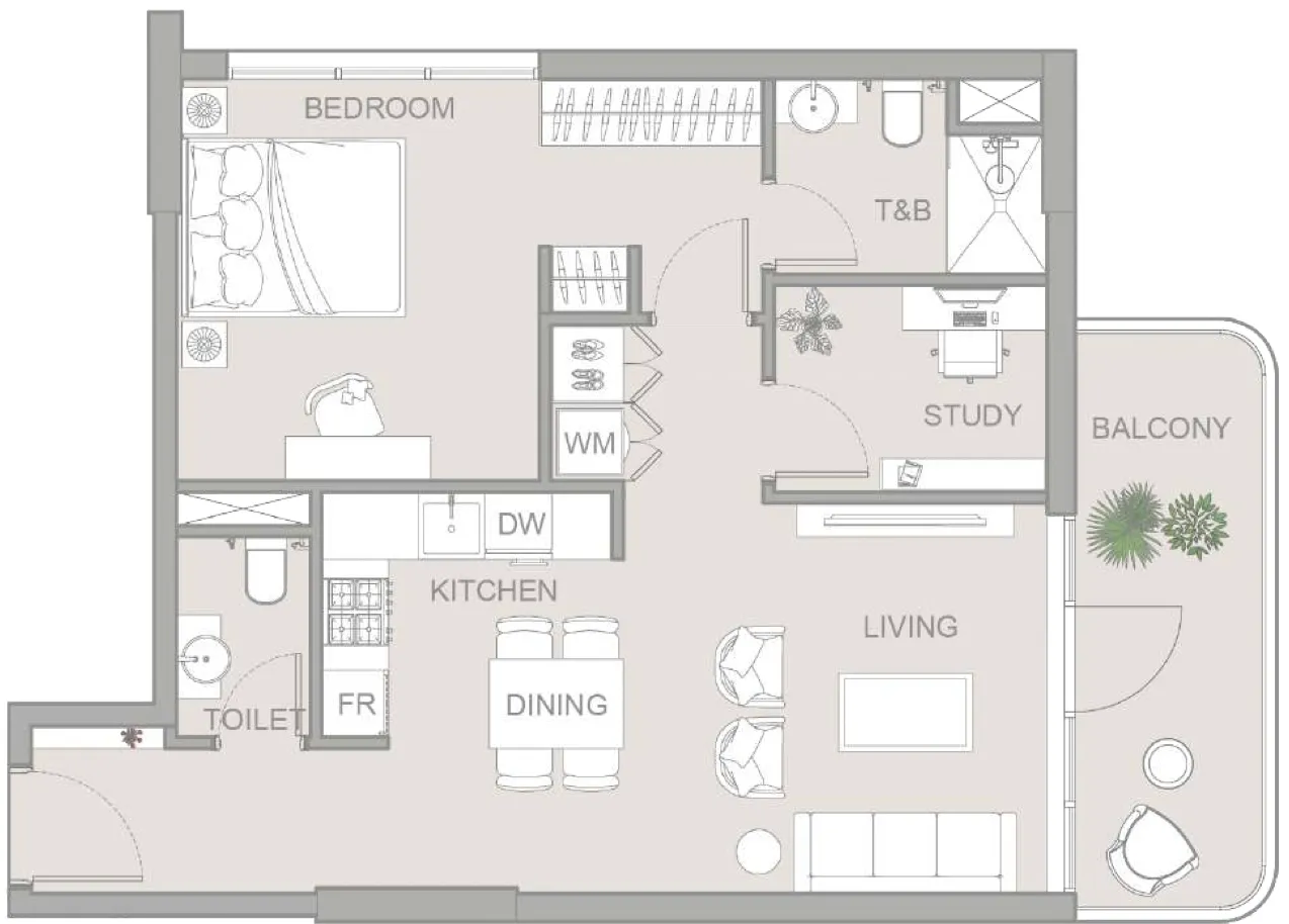 TETR1S Tower 1 bed floor plan, 753 – 785 sqft