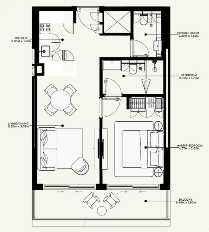 Azizi Venice 1 bed floor plan, 668 sqft