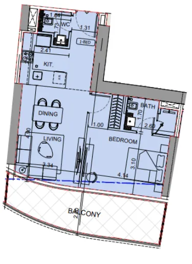 Binghatti Aquarise 1 bed floor plan, 791 sqft