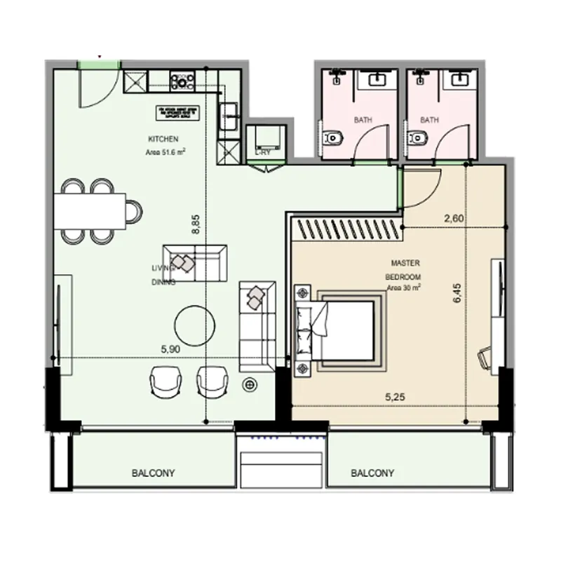 Edgewater Residences 1, 2 and 3 1 bed floor plan, 1,217 sqft