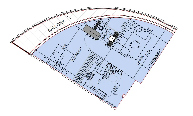 Binghatti Aquarise 1 bed floor plan, 783 sqft