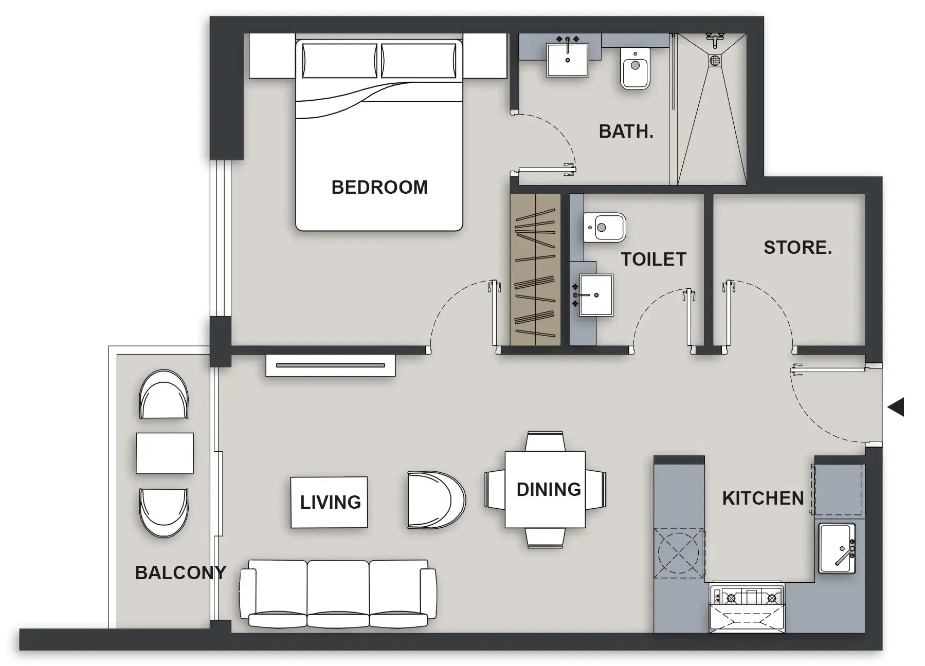 Maison Elysee III 1 bed floor plan, 630 sqft