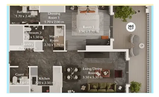 Bab Al Qasr Garden Residences 65 1 bed floor plan, 850 sqft