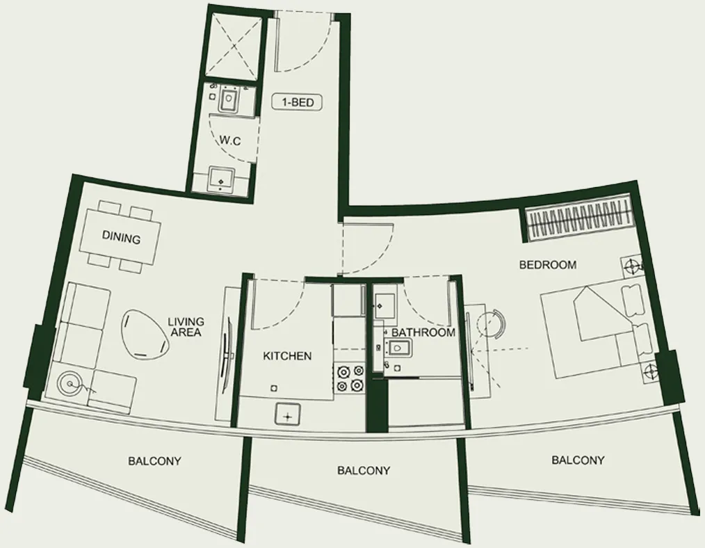 Binghatti HillCrest 1 bed floor plan, 818 – 880 sqft