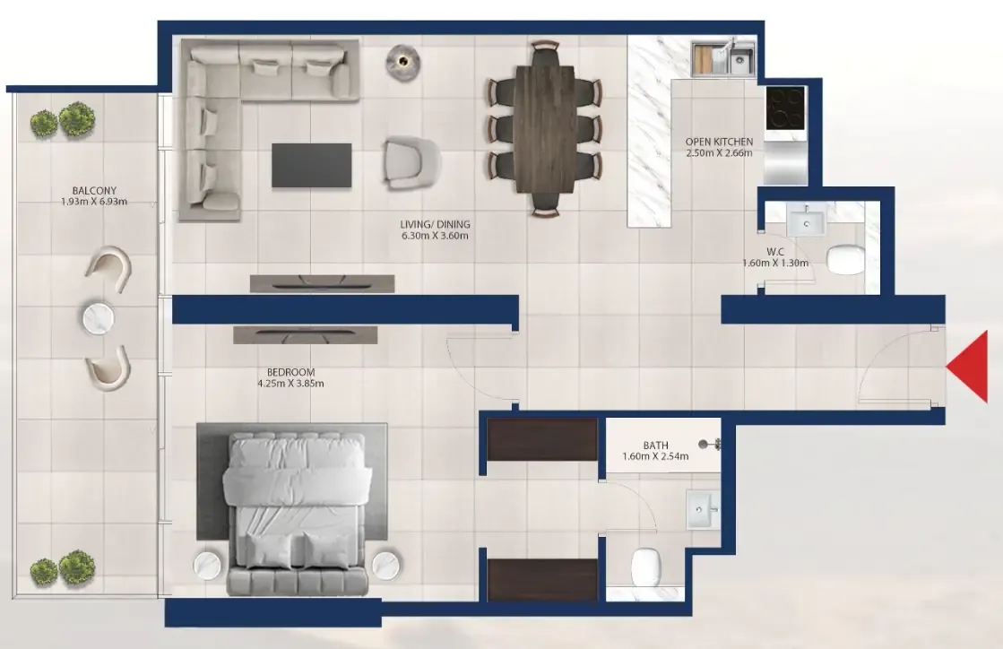 Al Vista 1 bed floor plan, 938 sqft
