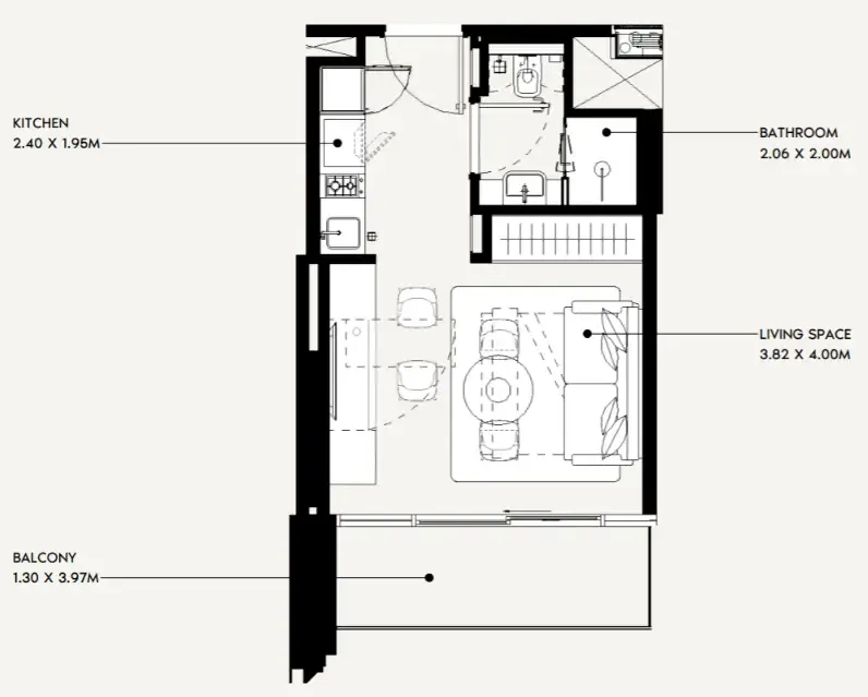 Jaddaf Beach Oasis Studio floor plan, 344 sqft