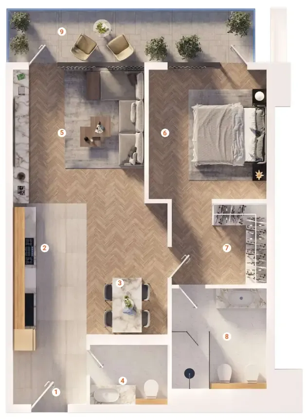 The Orchard Place Towers D & E 1 bed floor plan, 789 sqft
