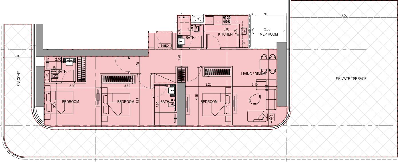Binghatti Sky Terraces 3 bed floor plan, 2,521 – 2,725 sqft