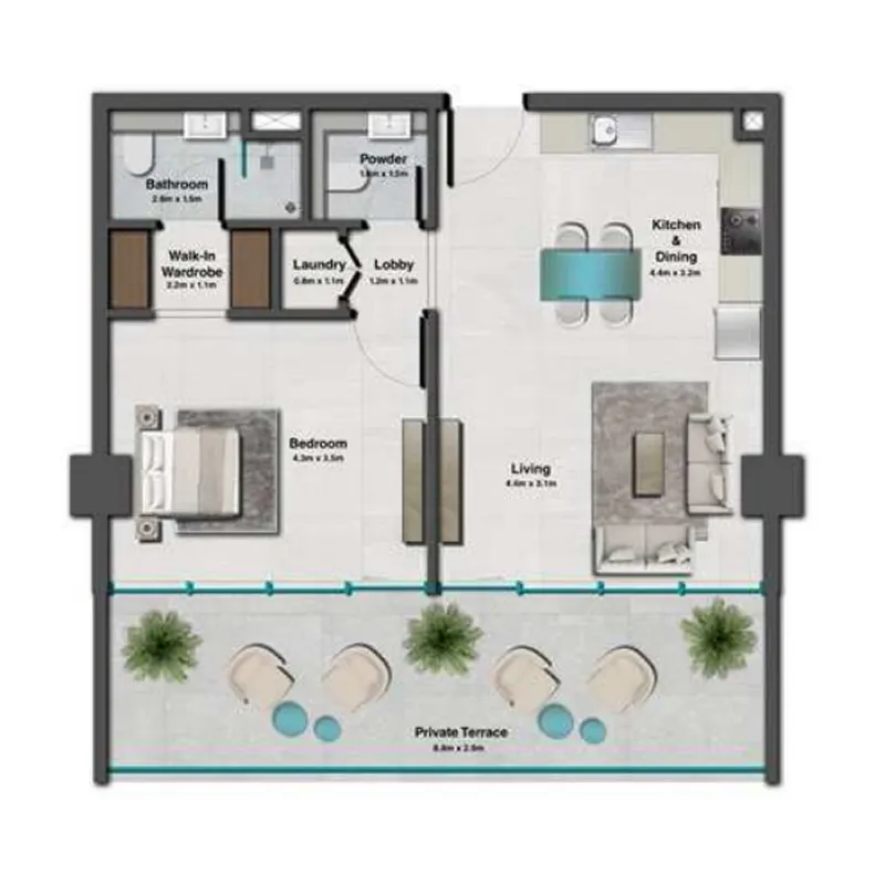 Sky Hills Residence 3 1 bed floor plan, 916 sqft