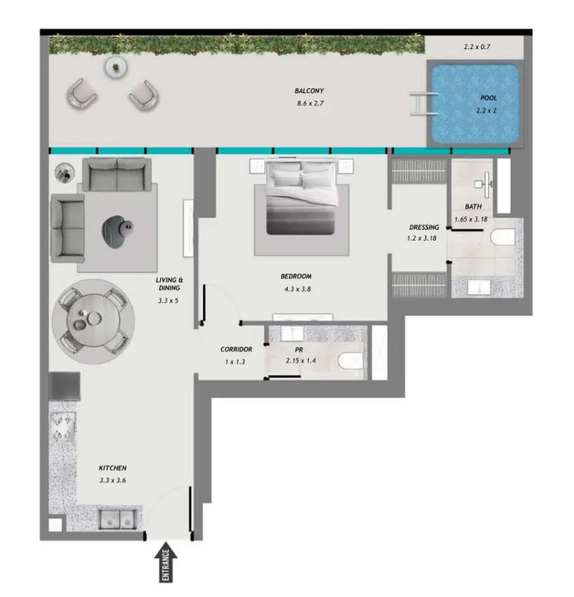 Samana Resorts 1 bed floor plan, 1,034 sqft