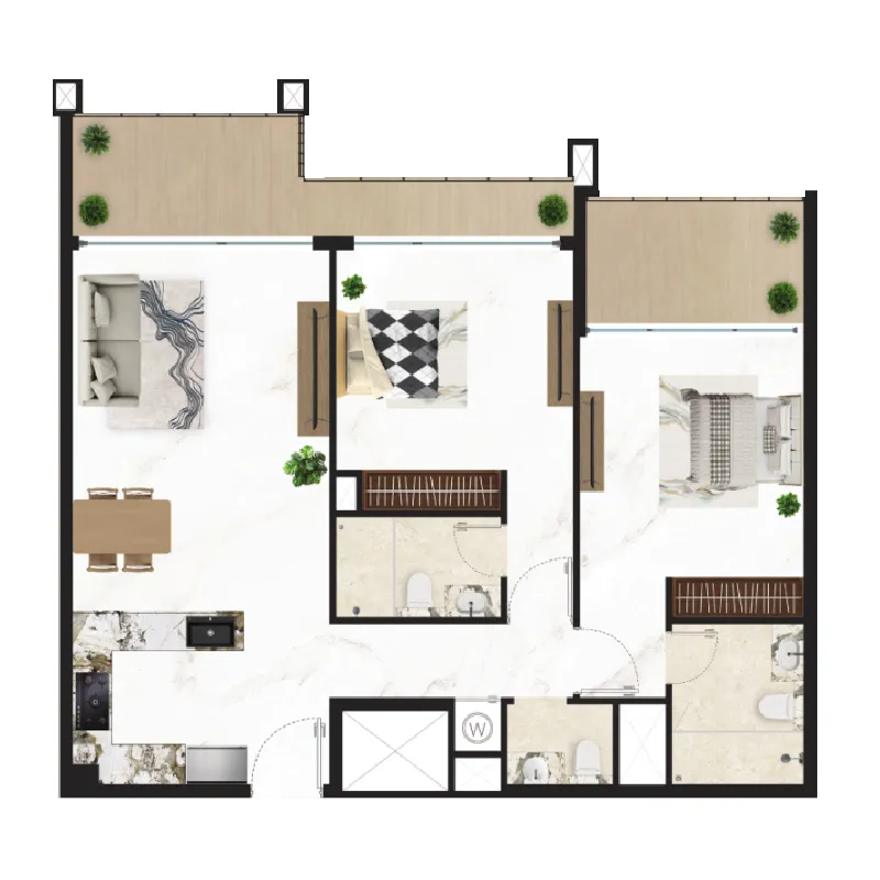 Courtyard One 2 bed floor plan, 1,108 sqft