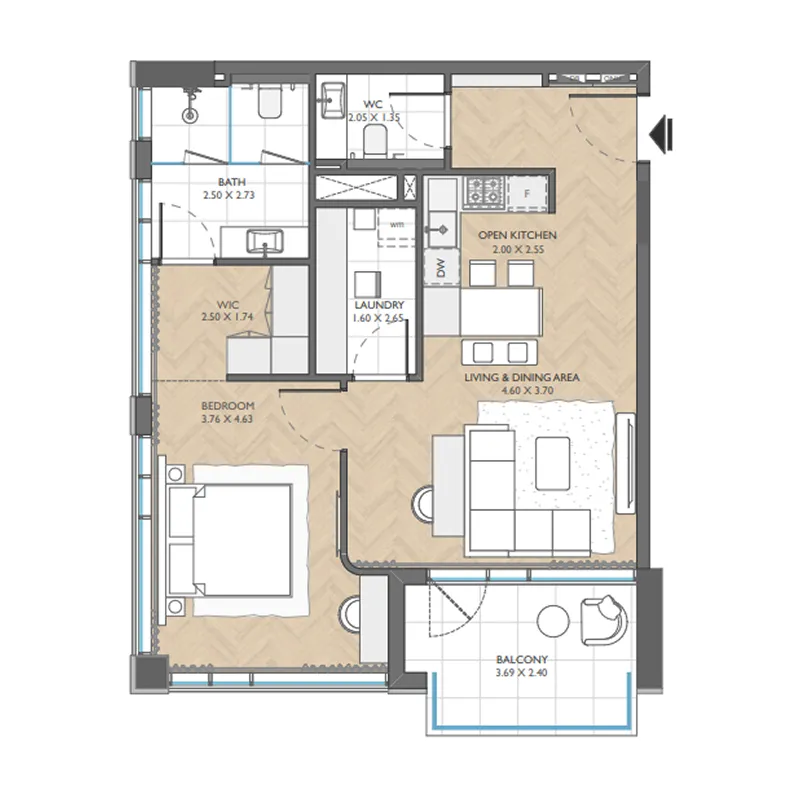 The Collective 1 bed floor plan, 853 sqft