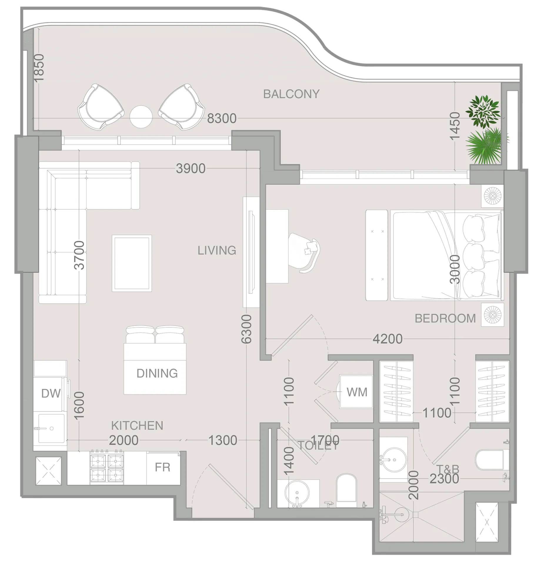 ALTA V1EW 1 bed floor plan, 743 sqft