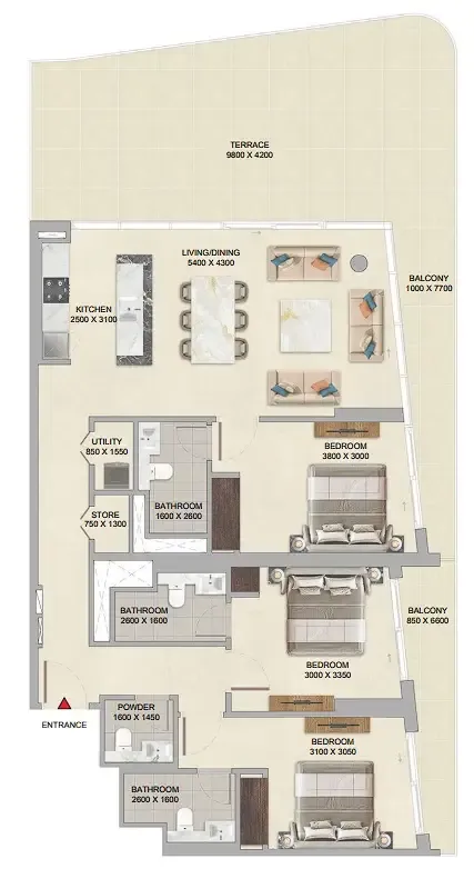 River Cove Residences at Sobha City 3 bed floor plan, 1,903 sqft