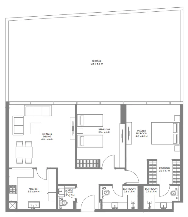 The Gate 3 and 4 2 bed floor plan, 1,988 sqft