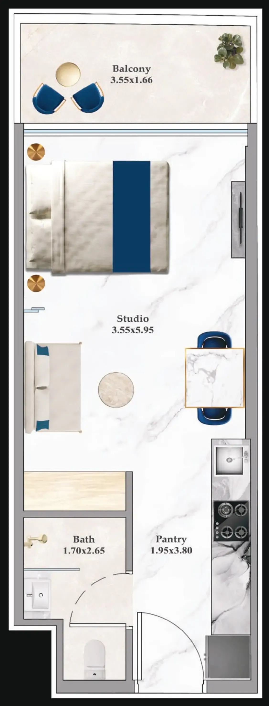 Aspirz Studio floor plan, 389 sqft