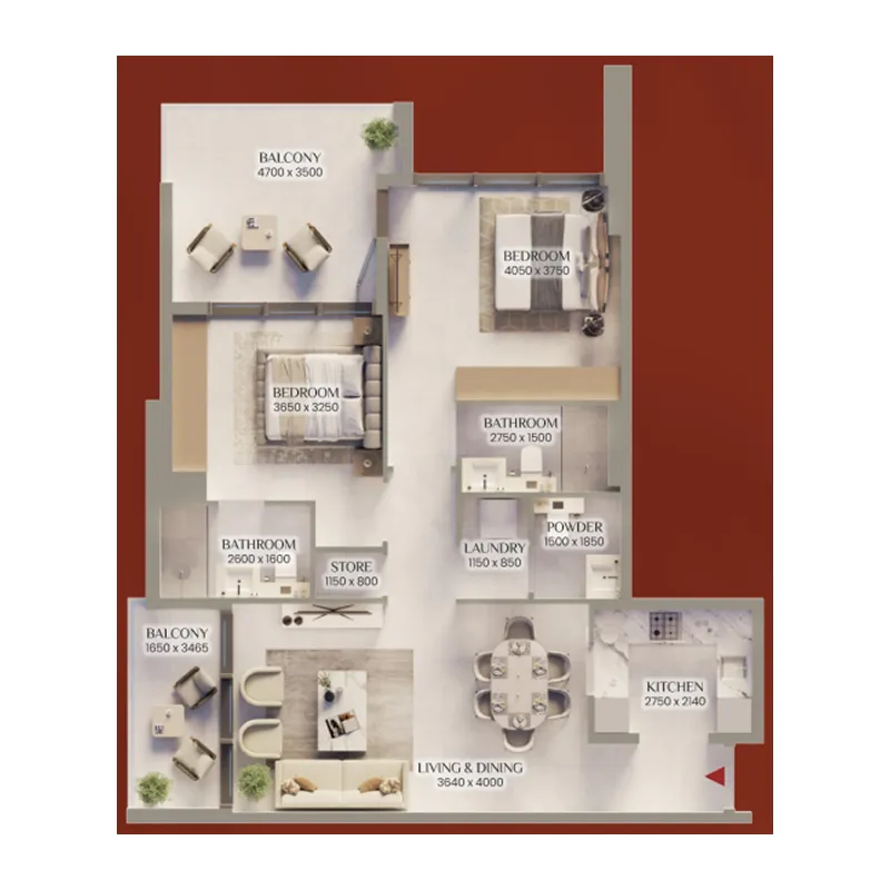 Bliss Tower 2 bed floor plan, 1,135 sqft
