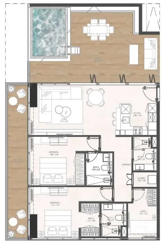 Gharbi 2 Residences 2 bed floor plan, 1,735 sqft