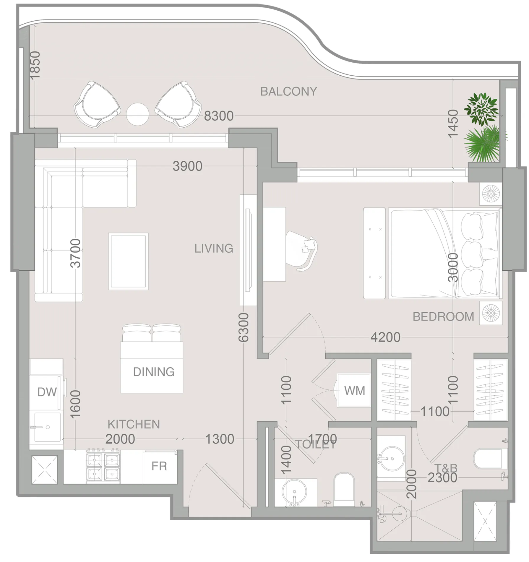 ALTA V1EW 1 bed floor plan, 743 sqft