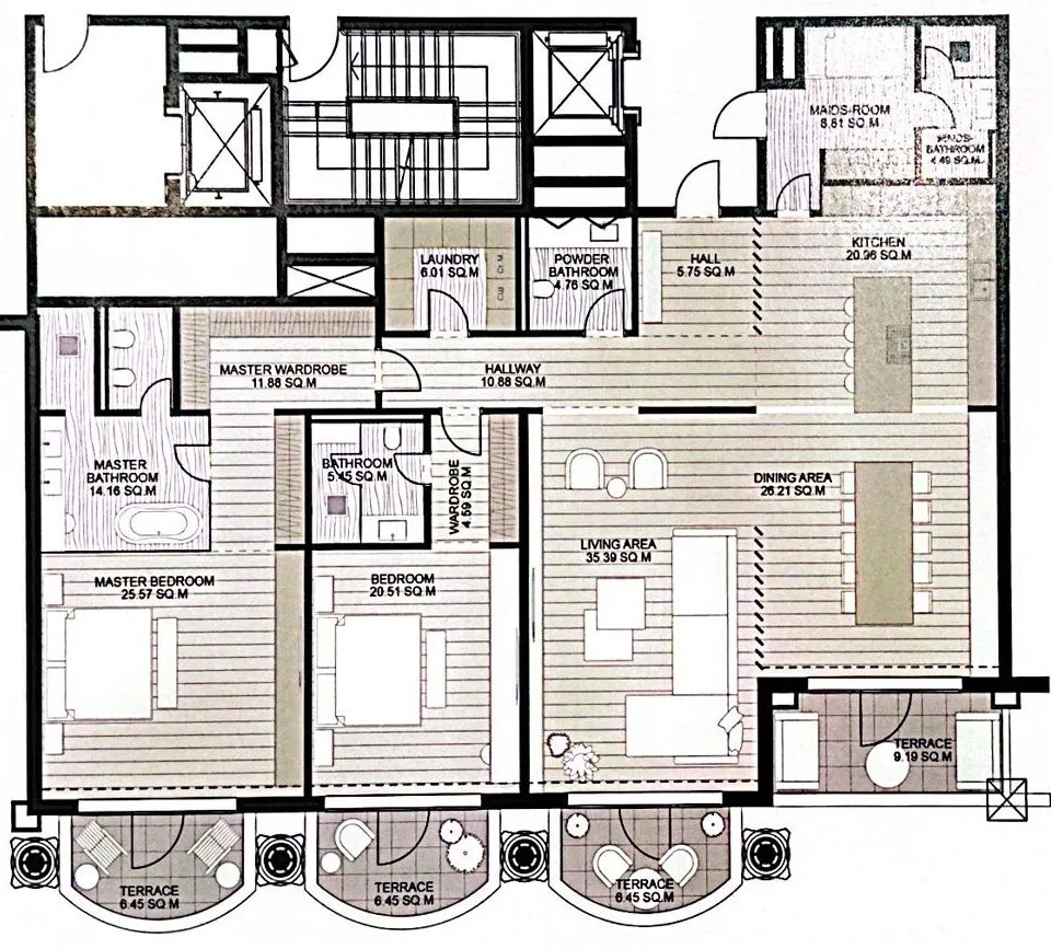 Raffles The Palm Dubai 3 bed floor plan, 2,488 sqft