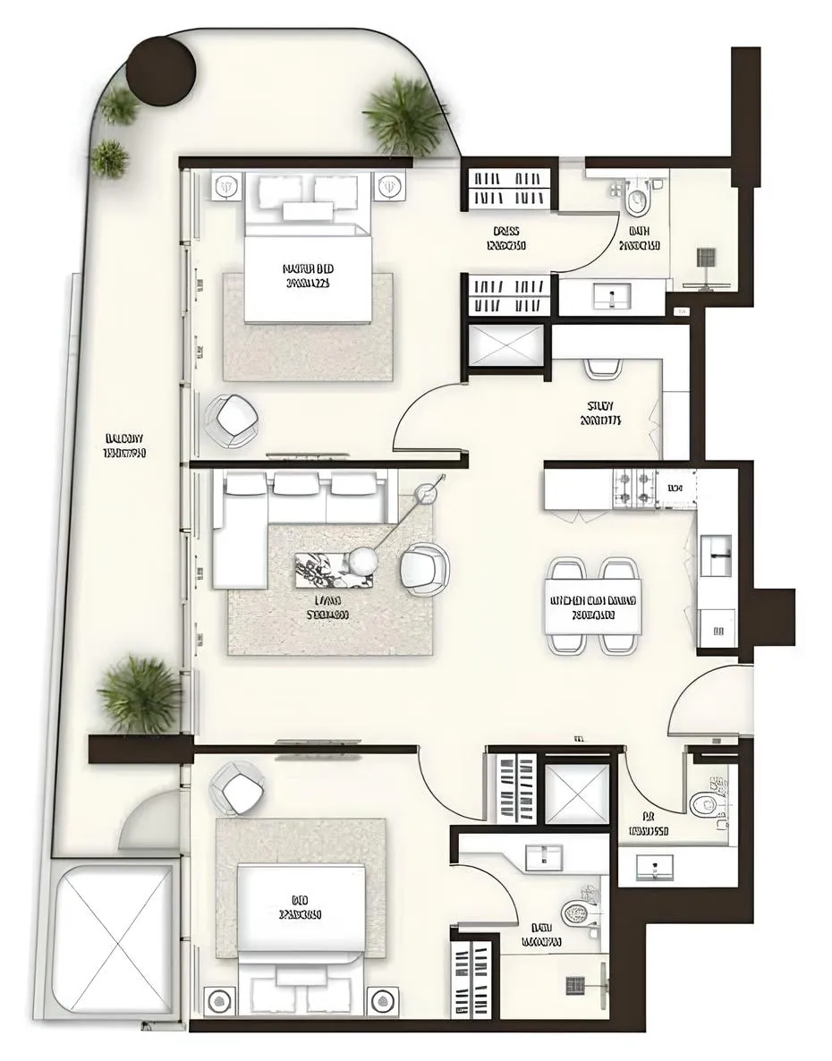 Sonate Residences 2 bed floor plan, 1,305 – 1,307 sqft