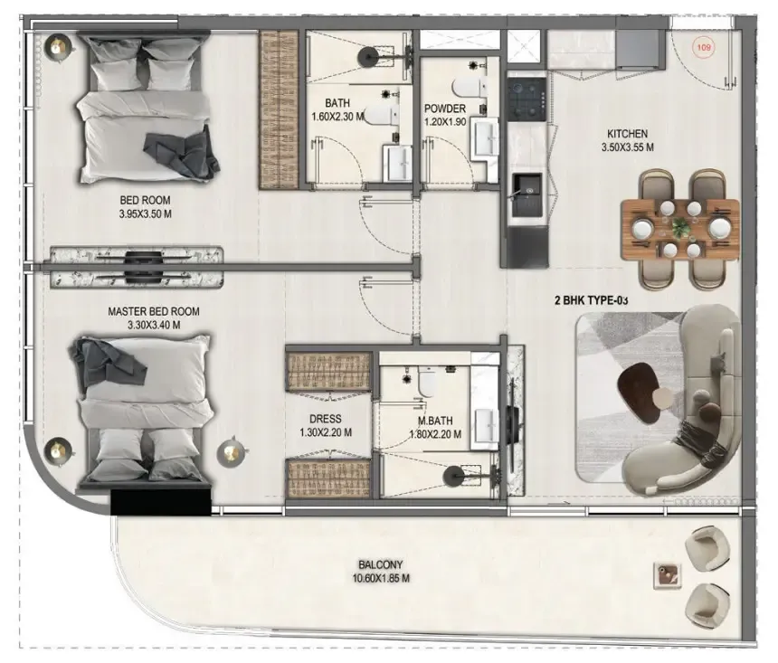 Divine Elements 2 bed floor plan, 1,045 – 1,047 sqft