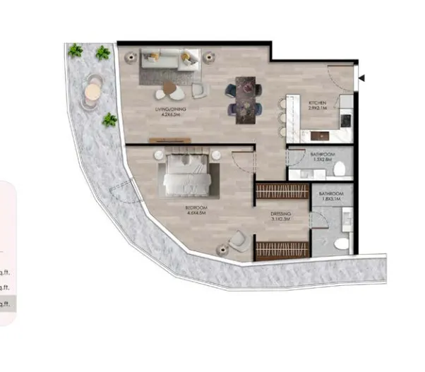 The Beach House 1 bed floor plan, 1,210 sqft