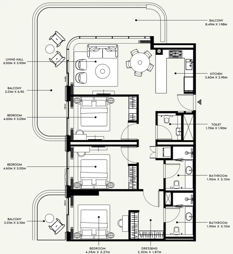 Azizi Venice 3 bed floor plan, 1,693 sqft