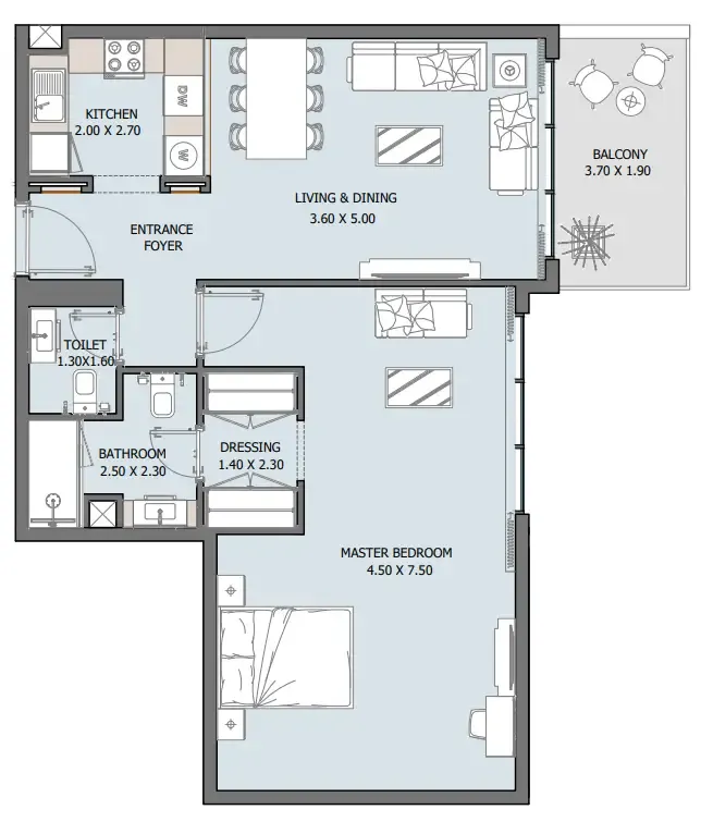 Oceana 1 bed floor plan, 907 sqft