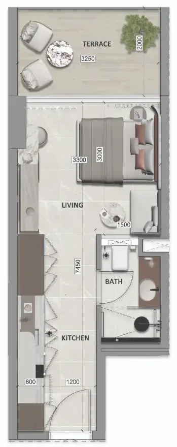 South Lofts Studio floor plan, 326 sqft