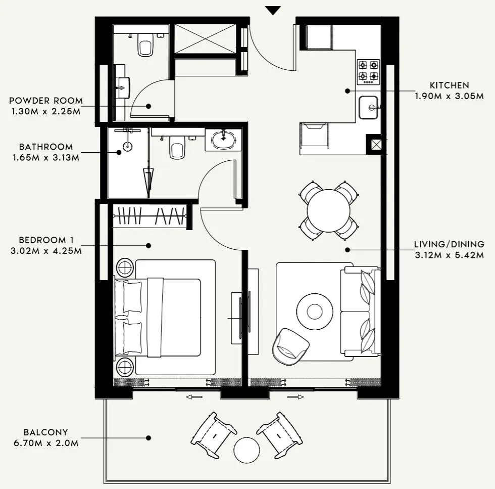 Azizi Venice 1 bed floor plan, 760 sqft