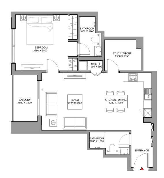 Skyscape 1 bed floor plan, 1,135 sqft