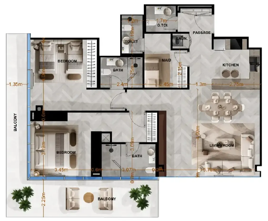 Radiant Terrace 2 bed floor plan, 1,520 sqft
