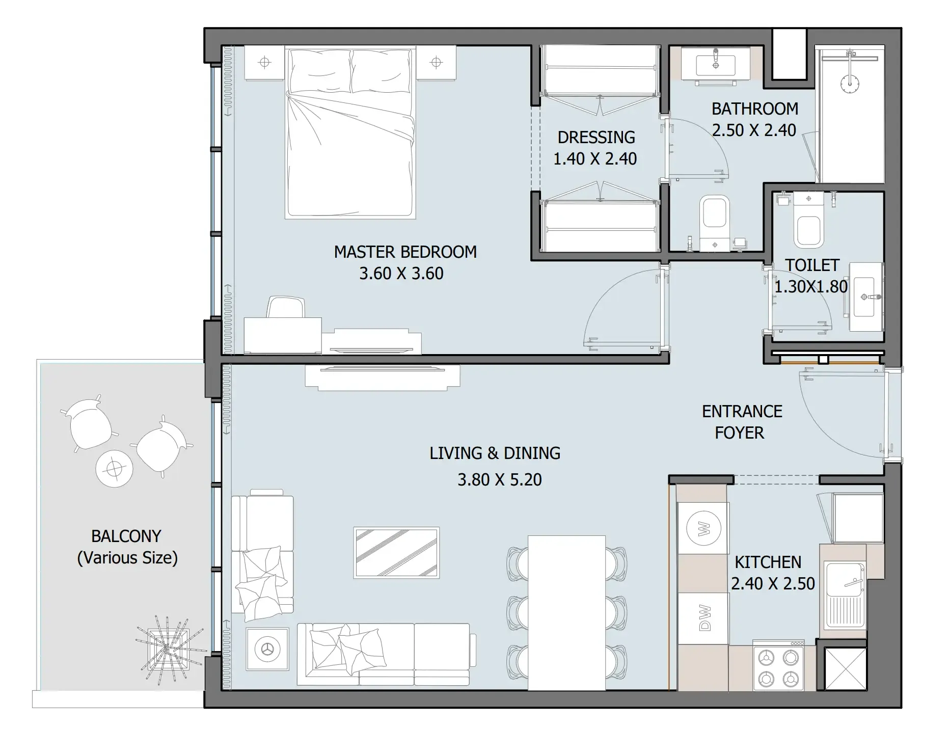 Oceana 1 bed floor plan, 728 sqft