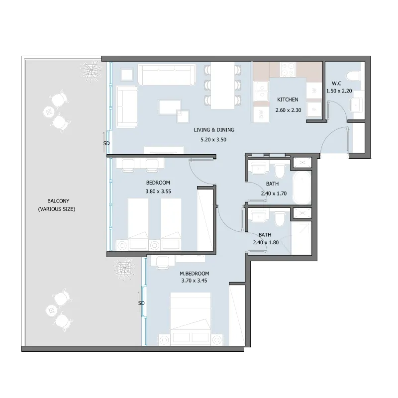 Sila 2 bed floor plan, 1,201 – 1,274 sqft