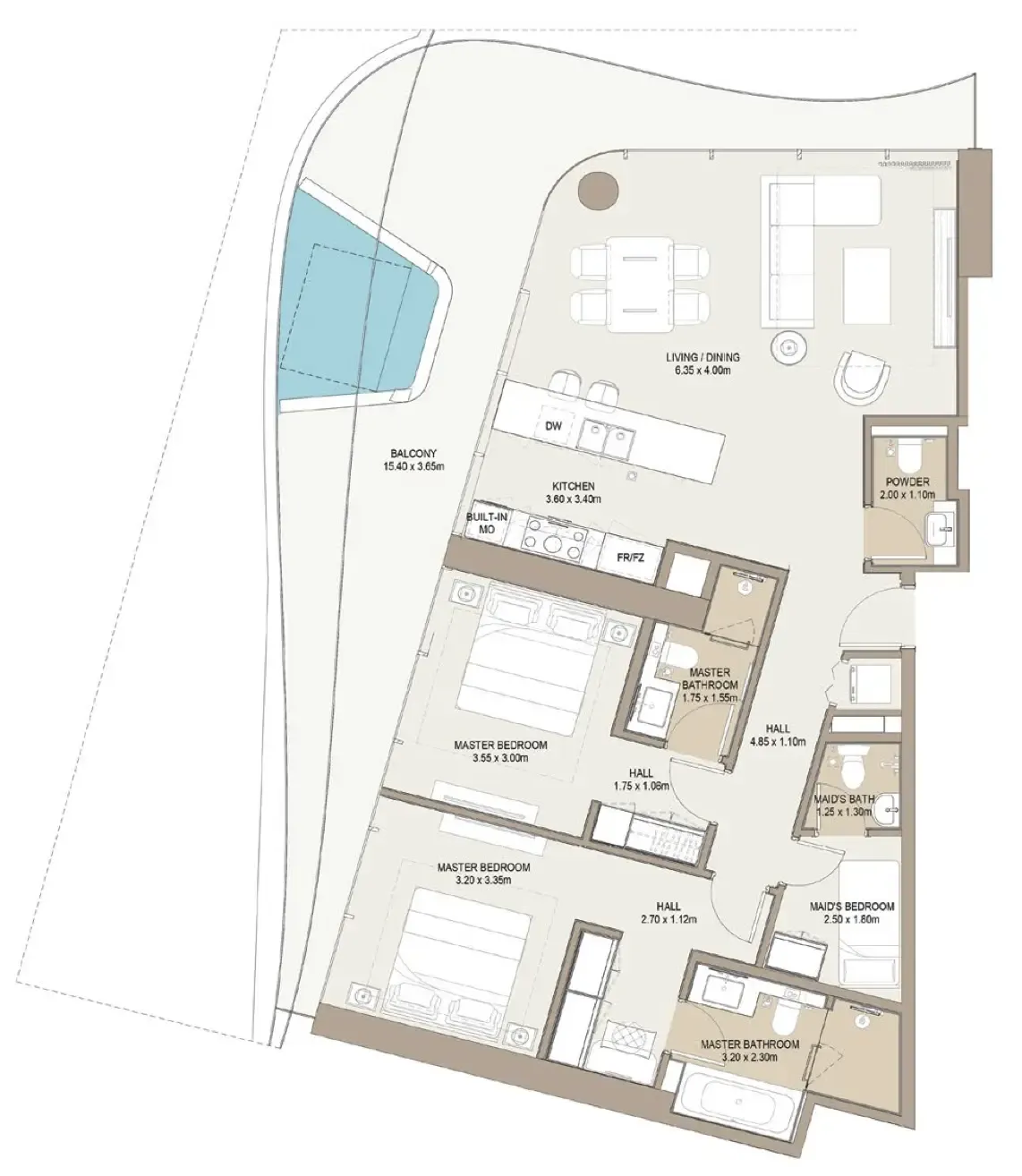 Laguna Residence 2 bed floor plan, 1,652 sqft