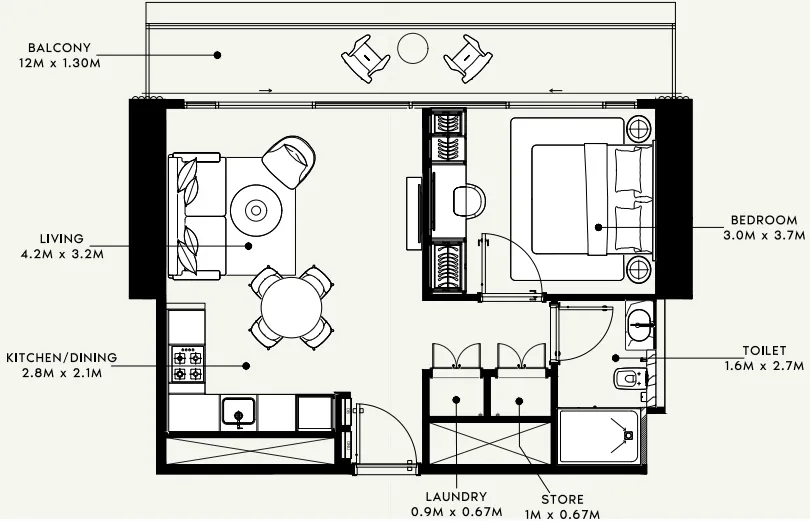 Azizi Milan 1 bed floor plan, 665 sqft