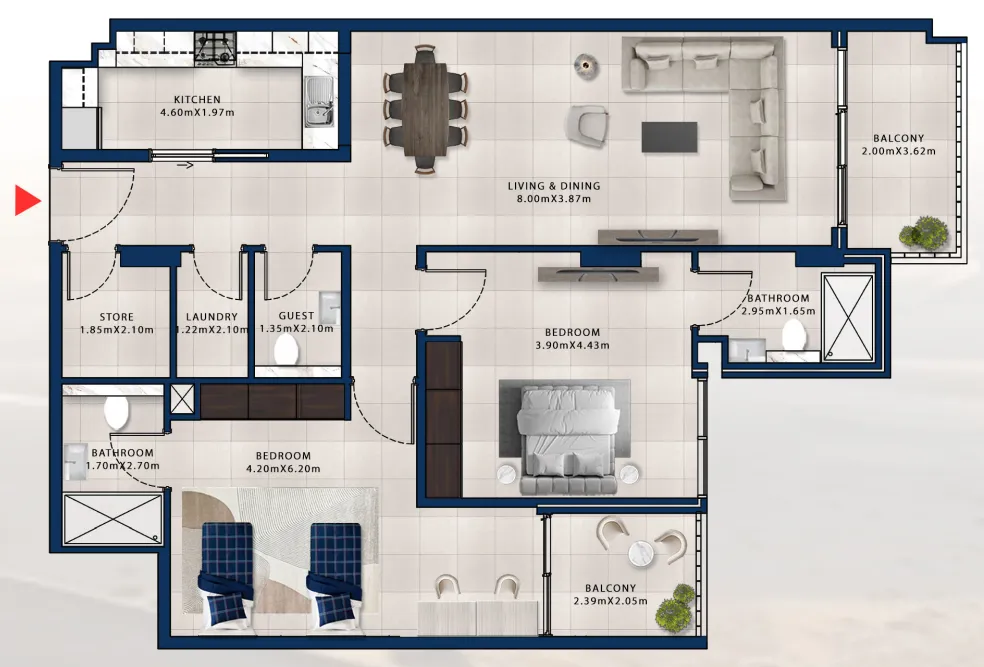 Asayel Avenue 2 bed floor plan, 1,394 sqft