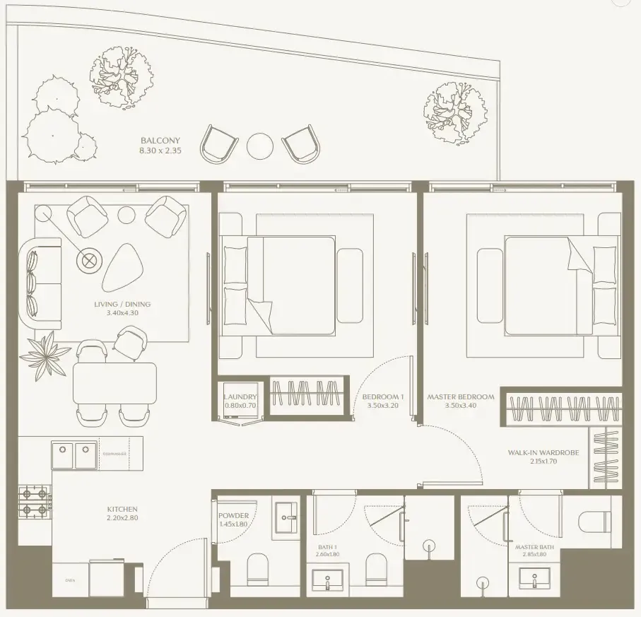 AYA Beachfront Residences 2 bed floor plan, 1,054 sqft